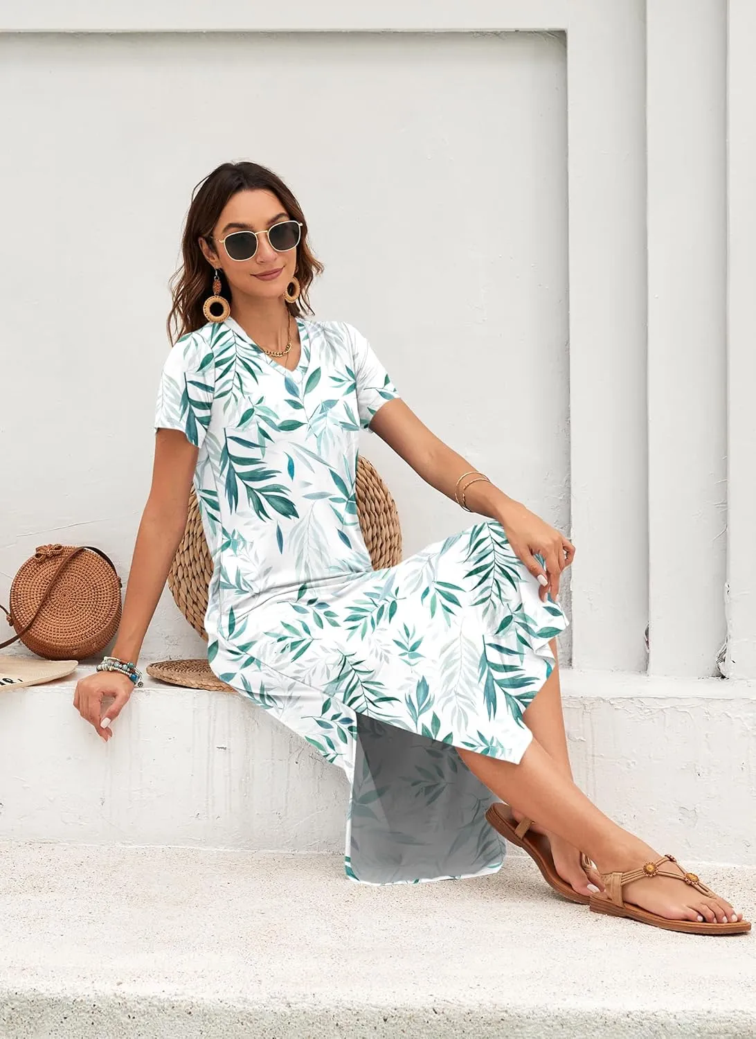 MISFAY Women Summer Midi Dresses Casual Loose Short Sleeve Dress Split Maxi Beach Sundress Travel Vacation Dress with Pockets
