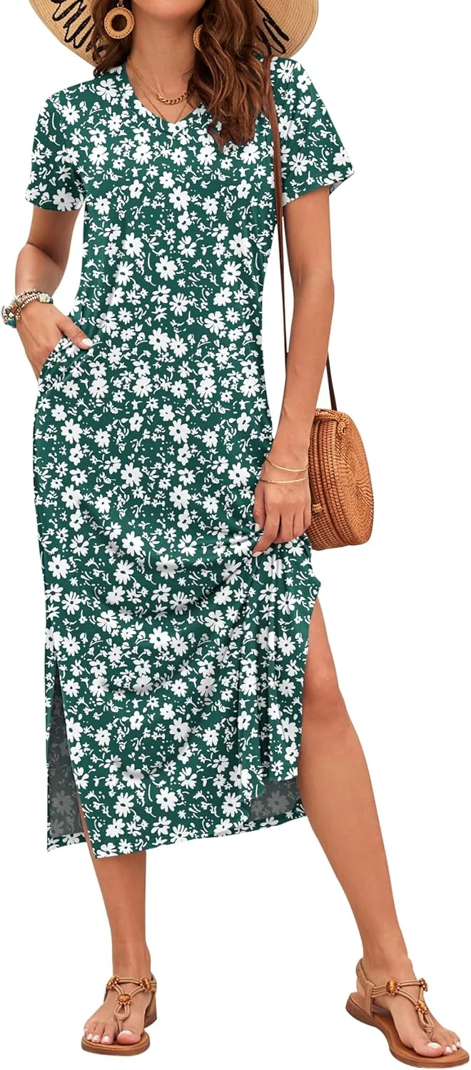 MISFAY Women Summer Midi Dresses Casual Loose Short Sleeve Dress Split Maxi Beach Sundress Travel Vacation Dress with Pockets