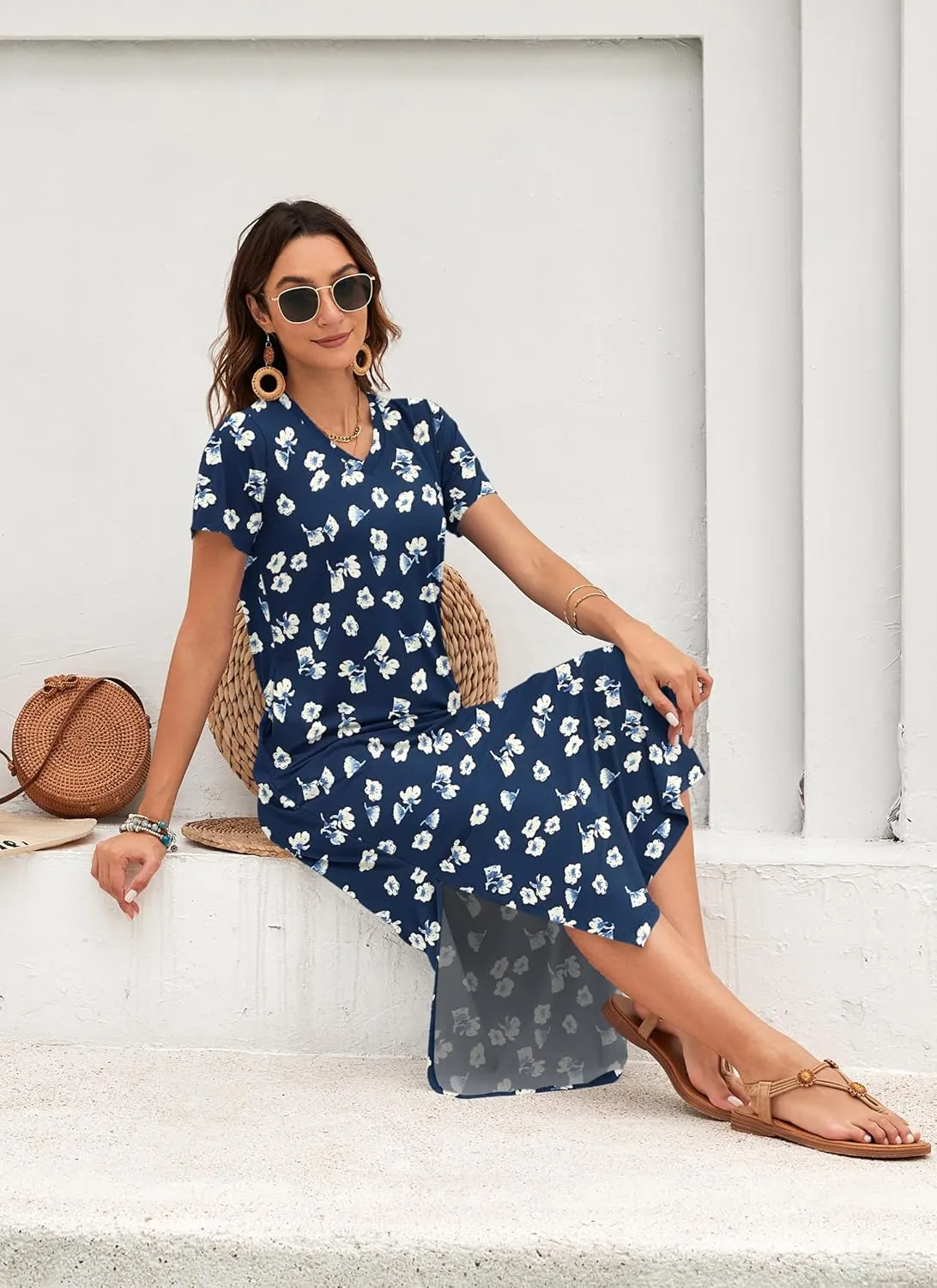 MISFAY Women Summer Midi Dresses Casual Loose Short Sleeve Dress Split Maxi Beach Sundress Travel Vacation Dress with Pockets
