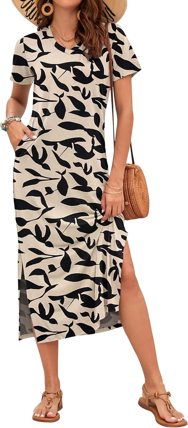 MISFAY Women Summer Midi Dresses Casual Loose Short Sleeve Dress Split Maxi Beach Sundress Travel Vacation Dress with Pockets