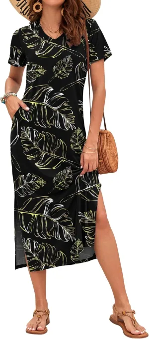 MISFAY Women Summer Midi Dresses Casual Loose Short Sleeve Dress Split Maxi Beach Sundress Travel Vacation Dress with Pockets