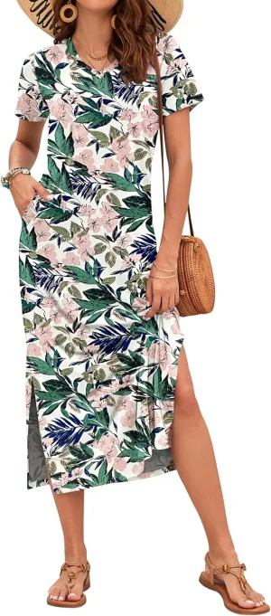 MISFAY Women Summer Midi Dresses Casual Loose Short Sleeve Dress Split Maxi Beach Sundress Travel Vacation Dress with Pockets
