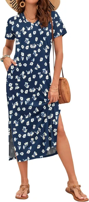 MISFAY Women Summer Midi Dresses Casual Loose Short Sleeve Dress Split Maxi Beach Sundress Travel Vacation Dress with Pockets