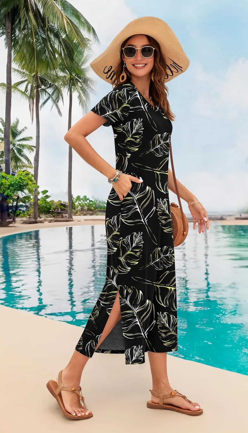 MISFAY Women Summer Midi Dresses Casual Loose Short Sleeve Dress Split Maxi Beach Sundress Travel Vacation Dress with Pockets
