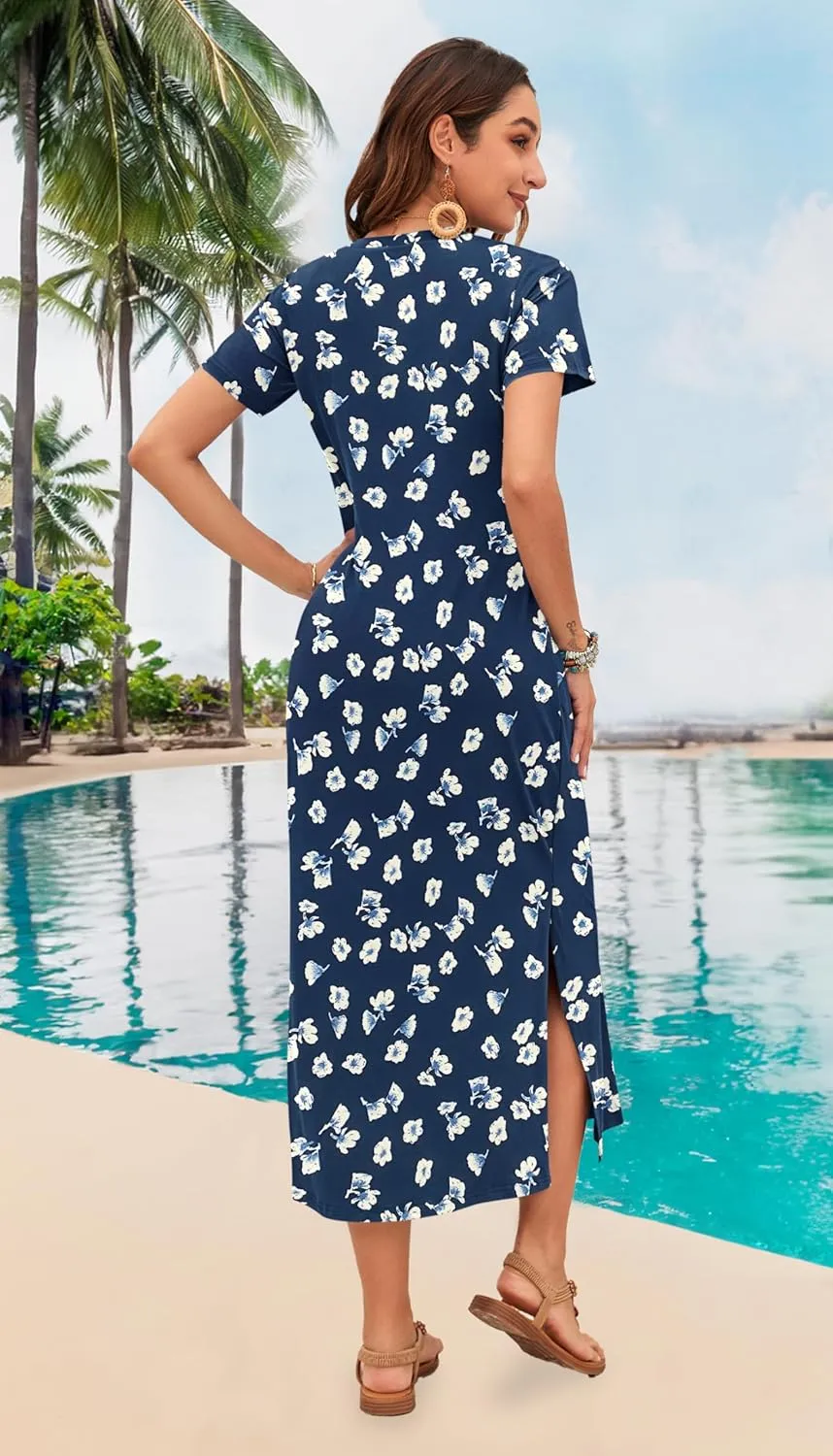 MISFAY Women Summer Midi Dresses Casual Loose Short Sleeve Dress Split Maxi Beach Sundress Travel Vacation Dress with Pockets
