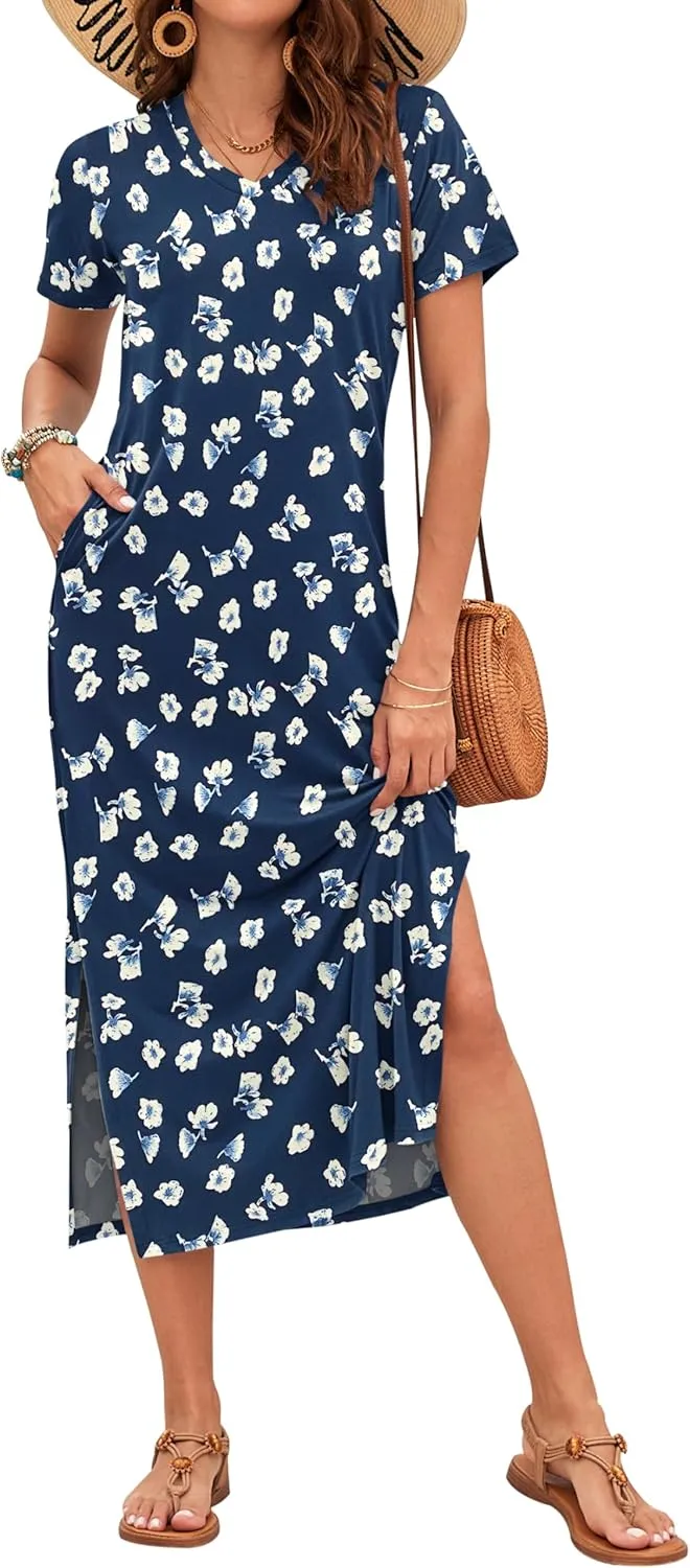 MISFAY Women Summer Midi Dresses Casual Loose Short Sleeve Dress Split Maxi Beach Sundress Travel Vacation Dress with Pockets