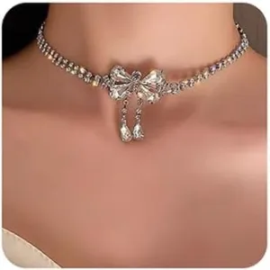 Missgrace Silver Rhinestones Bow Choker Necklaces Dainty Layering Tassels Necklace Simple Adjustable Bow Pendant Necklaces Simple Necklaces for Women