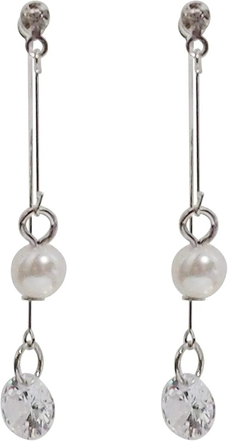 Miyabi Grace Gold Dangle Double Sided Hoop Triangle Invisible Clip On Earrings For Women Non-Pierced Clip-On Silver Long Bar Pearl CZ Earrings