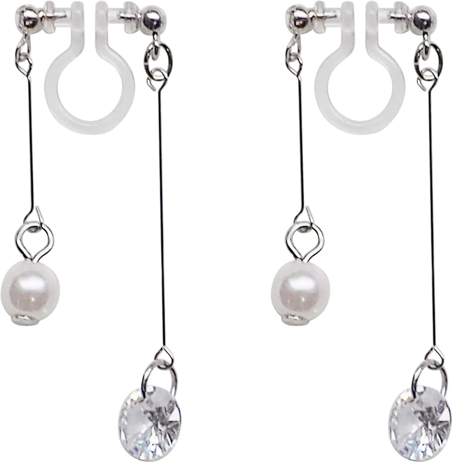 Miyabi Grace Gold Dangle Double Sided Hoop Triangle Invisible Clip On Earrings For Women Non-Pierced Clip-On Silver Long Bar Pearl CZ Earrings