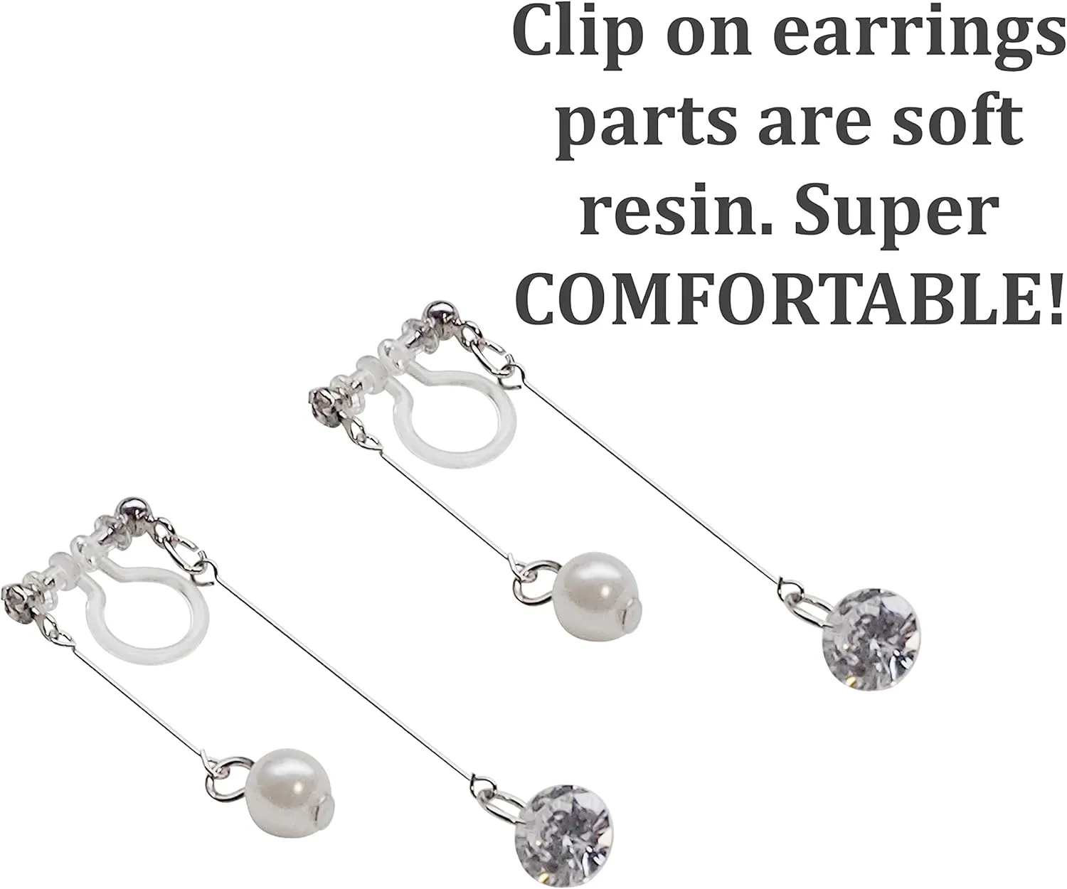 Miyabi Grace Gold Dangle Double Sided Hoop Triangle Invisible Clip On Earrings For Women Non-Pierced Clip-On Silver Long Bar Pearl CZ Earrings