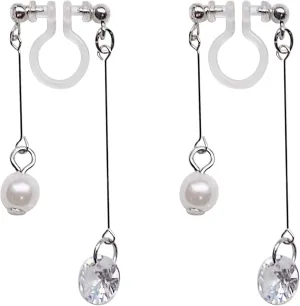 Miyabi Grace Gold Dangle Double Sided Hoop Triangle Invisible Clip On Earrings For Women Non-Pierced Clip-On Silver Long Bar Pearl CZ Earrings