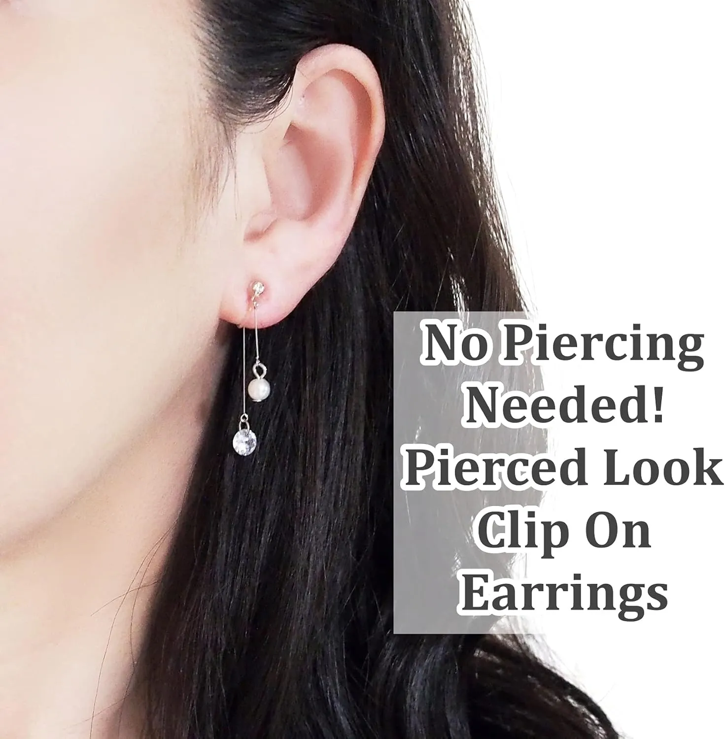 Miyabi Grace Gold Dangle Double Sided Hoop Triangle Invisible Clip On Earrings For Women Non-Pierced Clip-On Silver Long Bar Pearl CZ Earrings