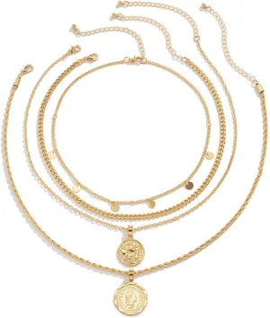 MJartoria Layered Necklaces for Women Trendy Retro Coin Pendant Chain Necklaces Dainty Link Chain Choker Necklaces for Jewelry Birthday Gifts