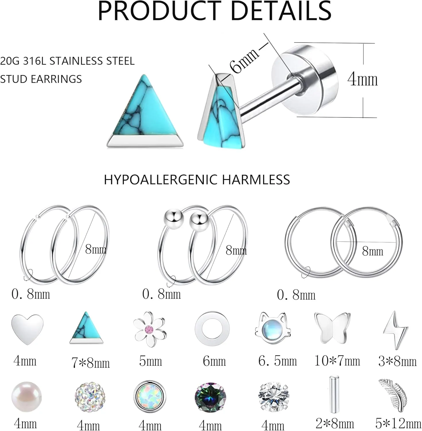 MJust 18 Pairs Women??s Hypoallergenic Flat Back Stud Earrings, 20g Stainless Steel Earrings Sets for Men, Tiny Unisex Screw Back Cartilage Earrings.