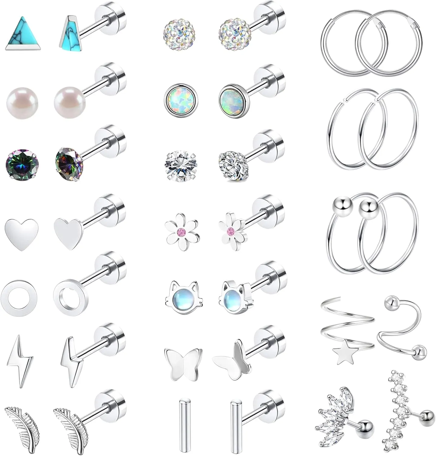 MJust 18 Pairs Women??s Hypoallergenic Flat Back Stud Earrings, 20g Stainless Steel Earrings Sets for Men, Tiny Unisex Screw Back Cartilage Earrings.