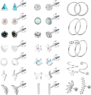 MJust 18 Pairs Women??s Hypoallergenic Flat Back Stud Earrings, 20g Stainless Steel Earrings Sets for Men, Tiny Unisex Screw Back Cartilage Earrings.