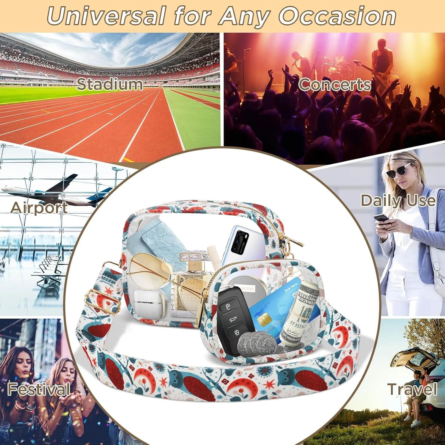 MOMSIV Clear Bag, Stadium Approved Clear Bags with Adjustable Strap Clear Stadium Bag for Women Men Concerts Sports