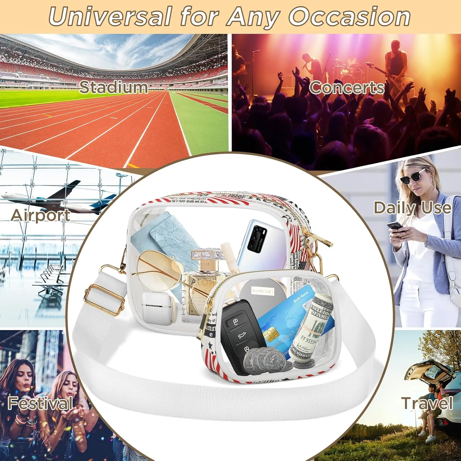 MOMSIV Clear Bag, Stadium Approved Clear Bags with Adjustable Strap Clear Stadium Bag for Women Men Concerts Sports
