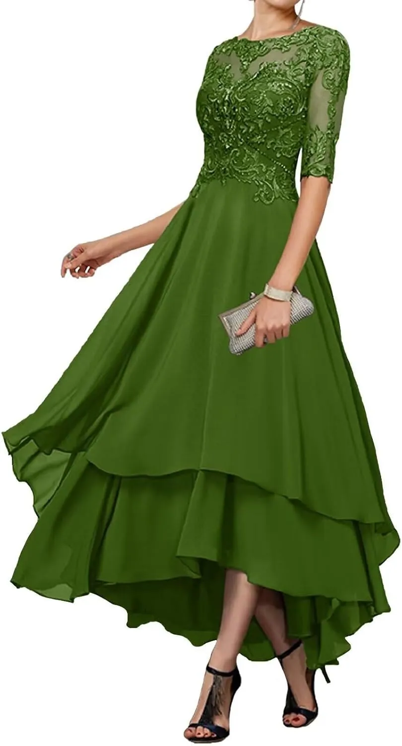 Mother of The Bride Dresses for Wedding Tea Length Half Sleeves Lace Applique Formal Evening Gowns with Sleeves