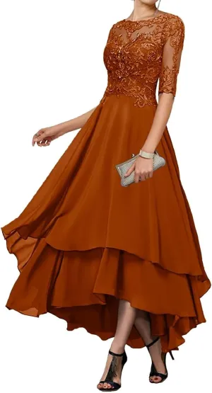 Mother of The Bride Dresses for Wedding Tea Length Half Sleeves Lace Applique Formal Evening Gowns with Sleeves
