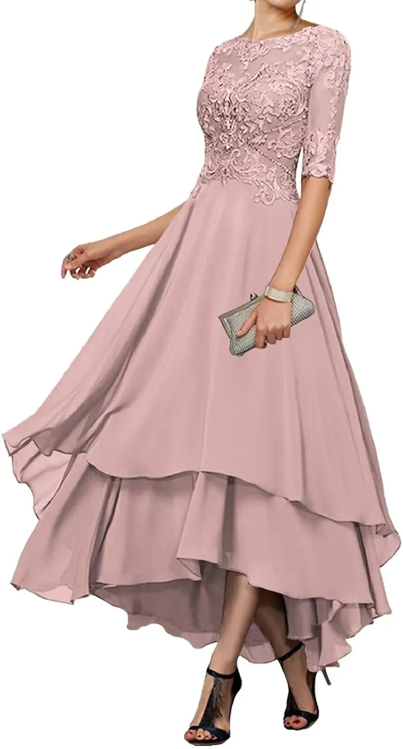 Mother of The Bride Dresses for Wedding Tea Length Half Sleeves Lace Applique Formal Evening Gowns with Sleeves