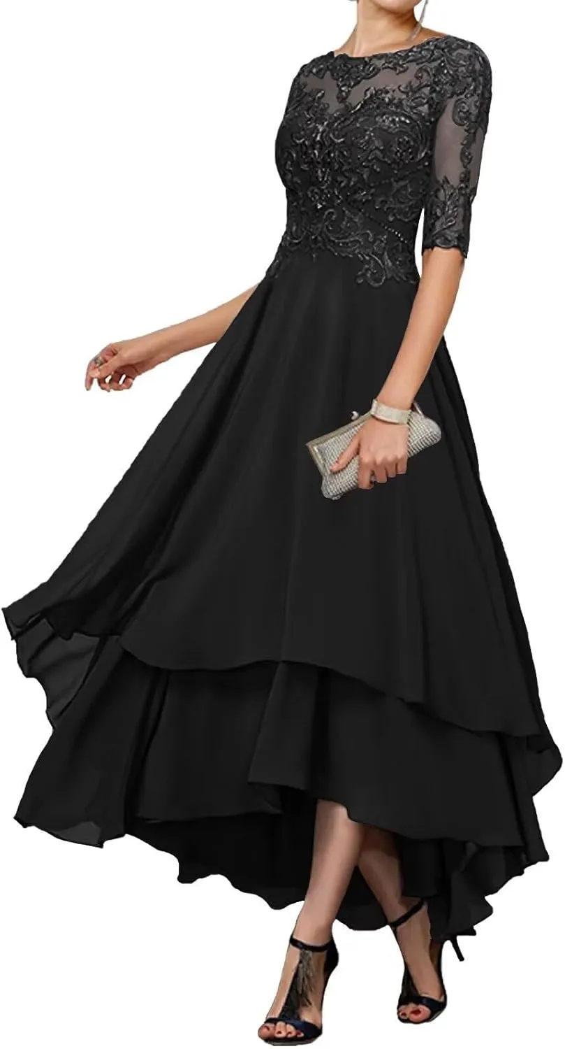 Mother of The Bride Dresses for Wedding Tea Length Half Sleeves Lace Applique Formal Evening Gowns with Sleeves