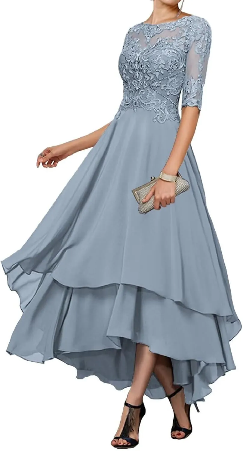 Mother of The Bride Dresses for Wedding Tea Length Half Sleeves Lace Applique Formal Evening Gowns with Sleeves