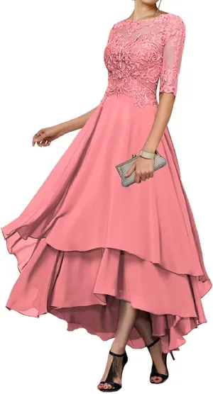Mother of The Bride Dresses for Wedding Tea Length Half Sleeves Lace Applique Formal Evening Gowns with Sleeves