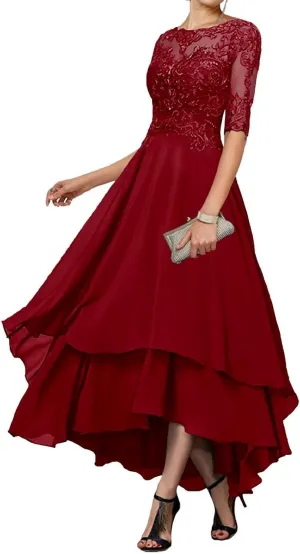 Mother of The Bride Dresses for Wedding Tea Length Half Sleeves Lace Applique Formal Evening Gowns with Sleeves