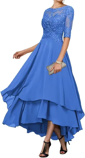 Mother of The Bride Dresses for Wedding Tea Length Half Sleeves Lace Applique Formal Evening Gowns with Sleeves