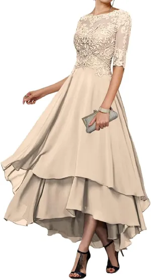 Mother of The Bride Dresses for Wedding Tea Length Half Sleeves Lace Applique Formal Evening Gowns with Sleeves