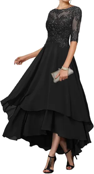 Mother of The Bride Dresses for Wedding Tea Length Half Sleeves Lace Applique Formal Evening Gowns with Sleeves
