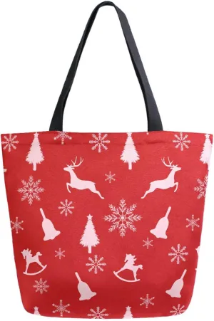 Naanle Extra Large Tote Handle Bags, Christmas Tree Rocking Horse Snow Floral Canvas Reusable Market Beach Travel Gym Shopping Shoulder Bag for Women