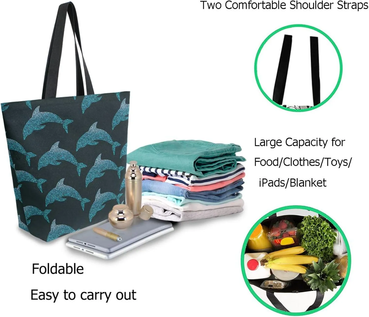Naanle Womens Extra Large Beautiful Jumping Out Dolphins Canvas Reusable Market Beach Travel Gym Shopping Shoulder Tote Bag