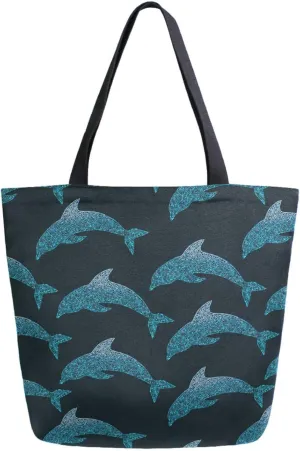 Naanle Womens Extra Large Beautiful Jumping Out Dolphins Canvas Reusable Market Beach Travel Gym Shopping Shoulder Tote Bag