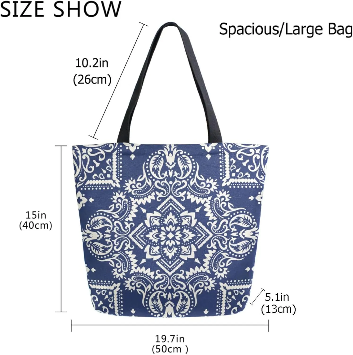Naanle Womens Extra Large Ethnic Ornament Paisley Canvas Reusable Market Beach Travel Gym Shopping Shoulder Tote Bag