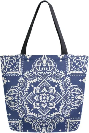 Naanle Womens Extra Large Ethnic Ornament Paisley Canvas Reusable Market Beach Travel Gym Shopping Shoulder Tote Bag
