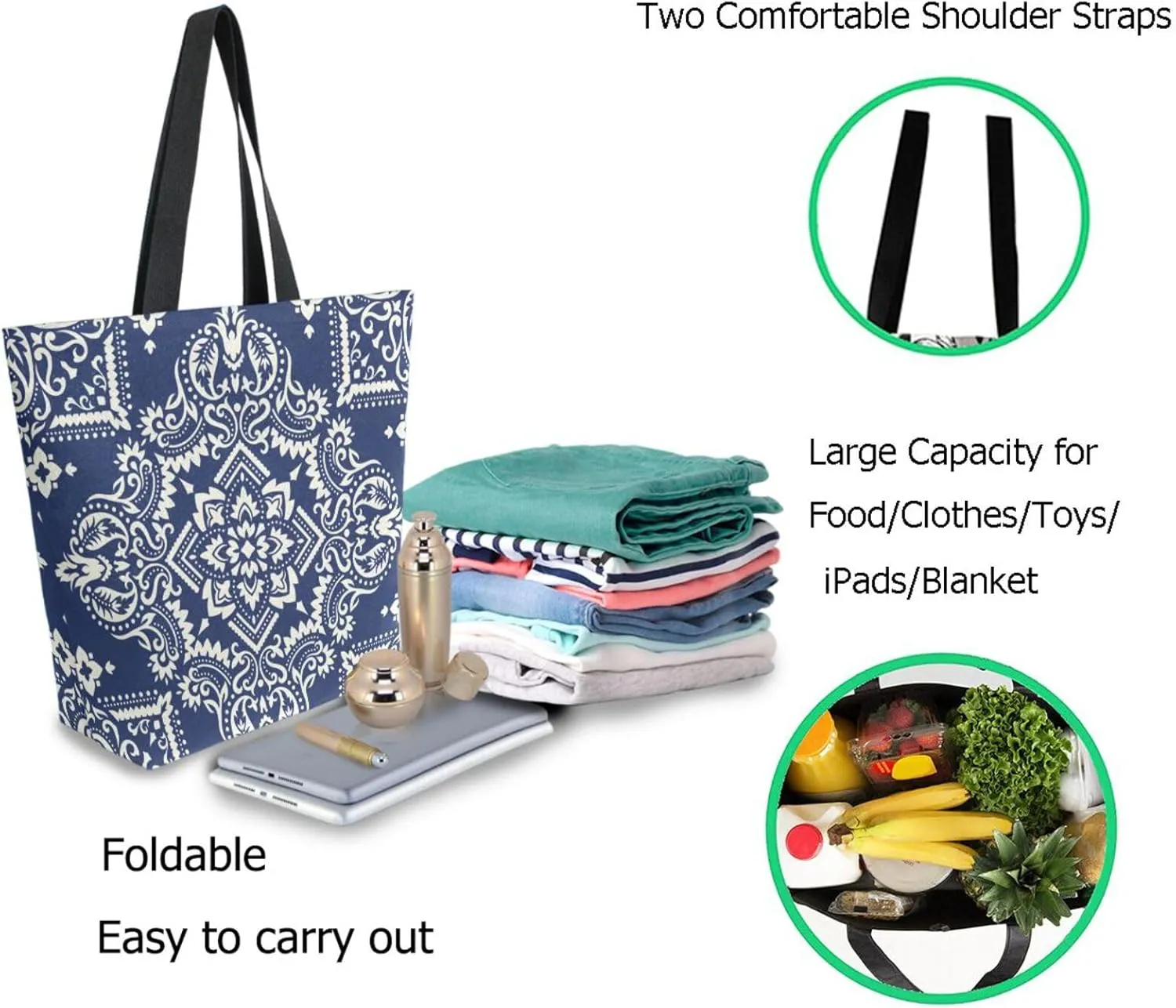 Naanle Womens Extra Large Ethnic Ornament Paisley Canvas Reusable Market Beach Travel Gym Shopping Shoulder Tote Bag