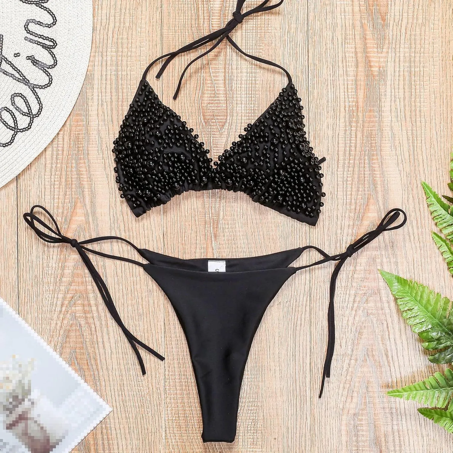 NaRHbrg Women's Sexy 2PCS Bikini Set Handmade Pearl Sequins Tankini Bra Swimsuit Lace Top Swimwear for Beach Praty