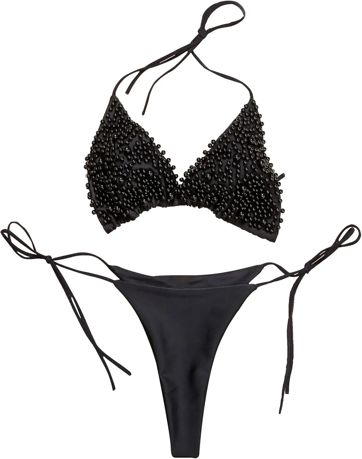 NaRHbrg Women's Sexy 2PCS Bikini Set Handmade Pearl Sequins Tankini Bra Swimsuit Lace Top Swimwear for Beach Praty