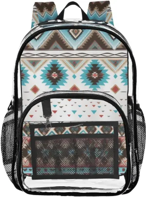 Native Tribal Navajo Clear Backpack with Back Print, Heavy Duty See Through Backpacks PVC Transparent Daypack for Travel Security