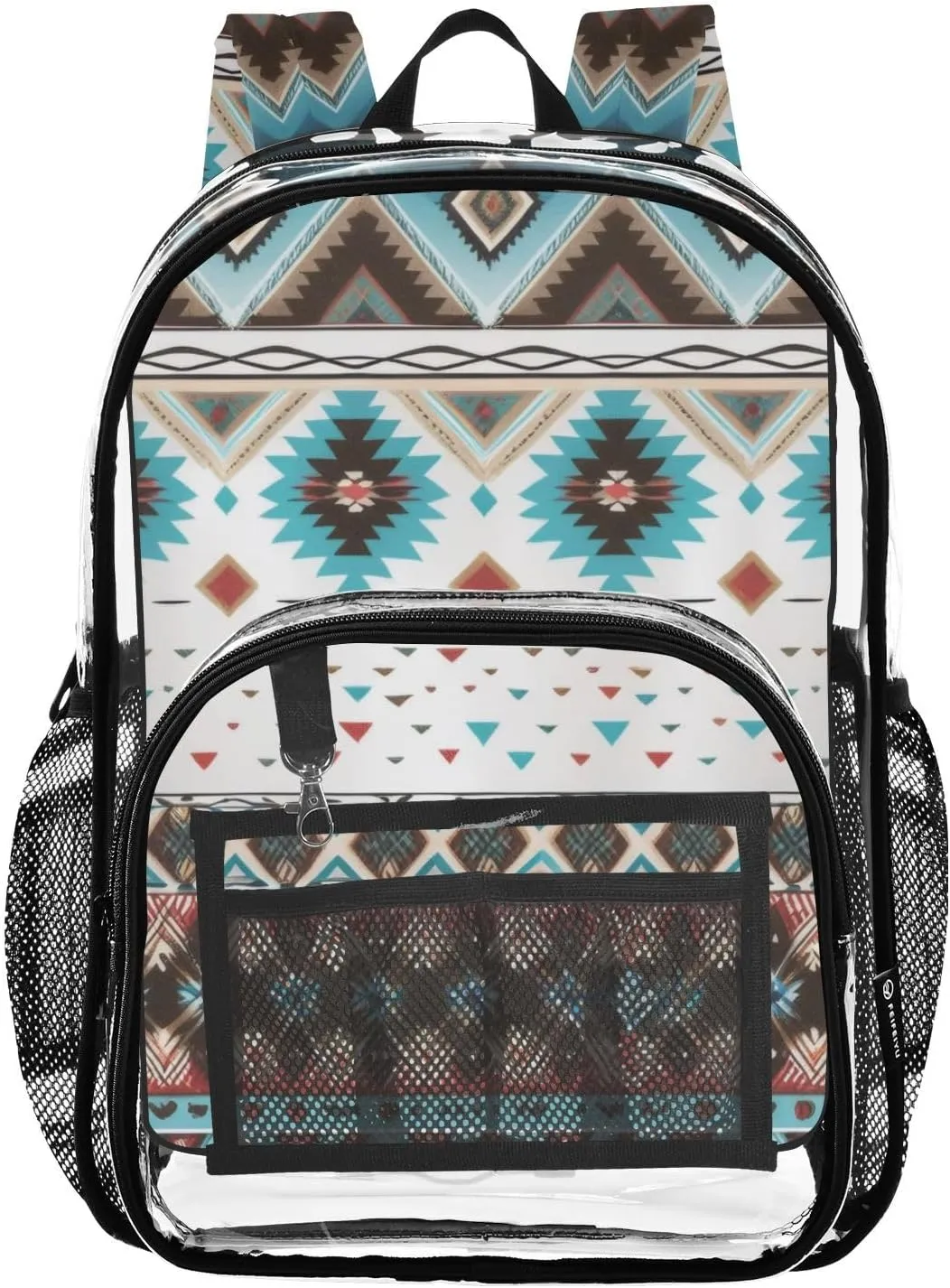 Native Tribal Navajo Clear Backpack with Back Print, Heavy Duty See Through Backpacks PVC Transparent Daypack for Travel Security
