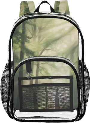 Natural Forest Sunlight Clear Backpack with Back Print, Heavy Duty See Through Backpacks PVC Transparent Daypack for Travel Security