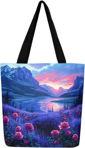 Natural Scenery Canvas Tote Bags for Women,Dreamy Landscape Theme Shoulder Handbags 19.7x15.7 Inch,Large Capacity