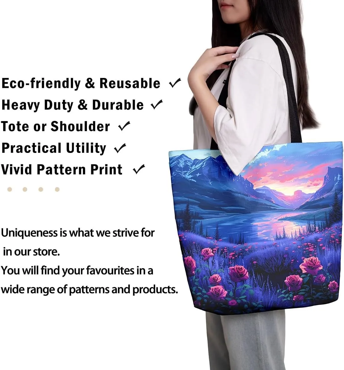 Natural Scenery Canvas Tote Bags for Women,Dreamy Landscape Theme Shoulder Handbags 19.7x15.7 Inch,Large Capacity