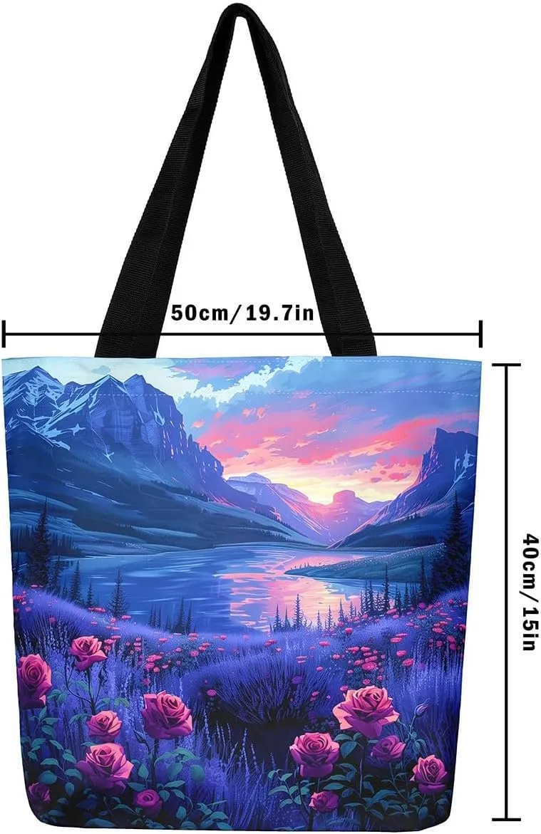 Natural Scenery Canvas Tote Bags for Women,Dreamy Landscape Theme Shoulder Handbags 19.7x15.7 Inch,Large Capacity