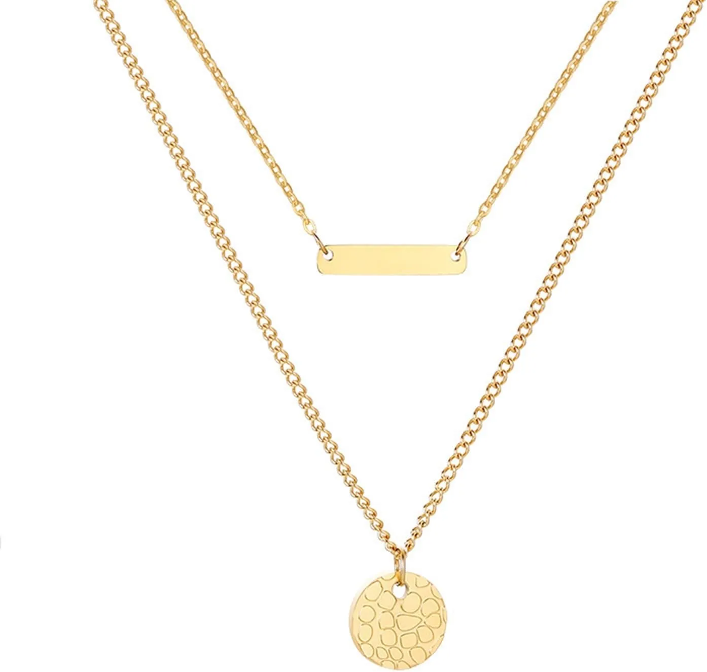 Necklaces for Women, Stainless Steel Necklaces for Women Gold Double Layer Necklace Horizontal Rectangle Round Pendant Necklaces Length 41 5CM