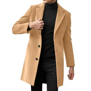 Notched Collar Trench Coat for Men Big and Tall Single Breasted Long Sleeve Winter Pea Coats Lapel Long Overcoats