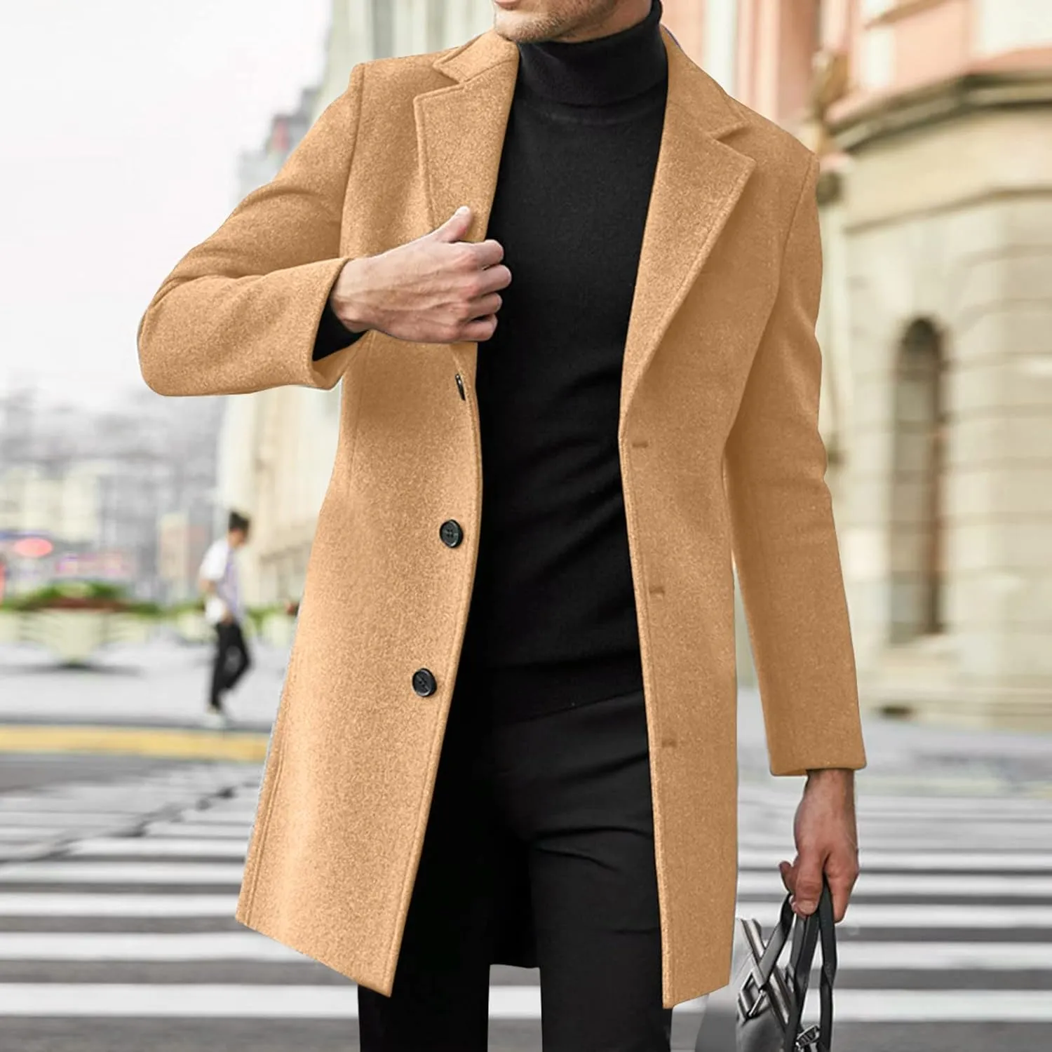 Notched Collar Trench Coat for Men Big and Tall Single Breasted Long Sleeve Winter Pea Coats Lapel Long Overcoats