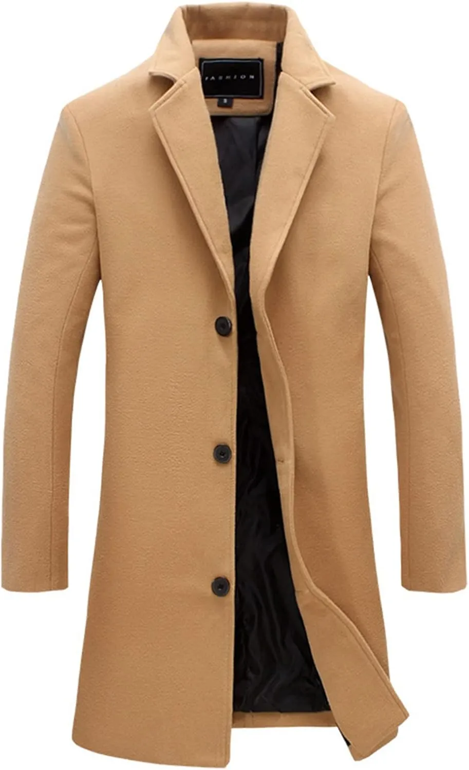 Notched Collar Trench Coat for Men Big and Tall Single Breasted Long Sleeve Winter Pea Coats Lapel Long Overcoats